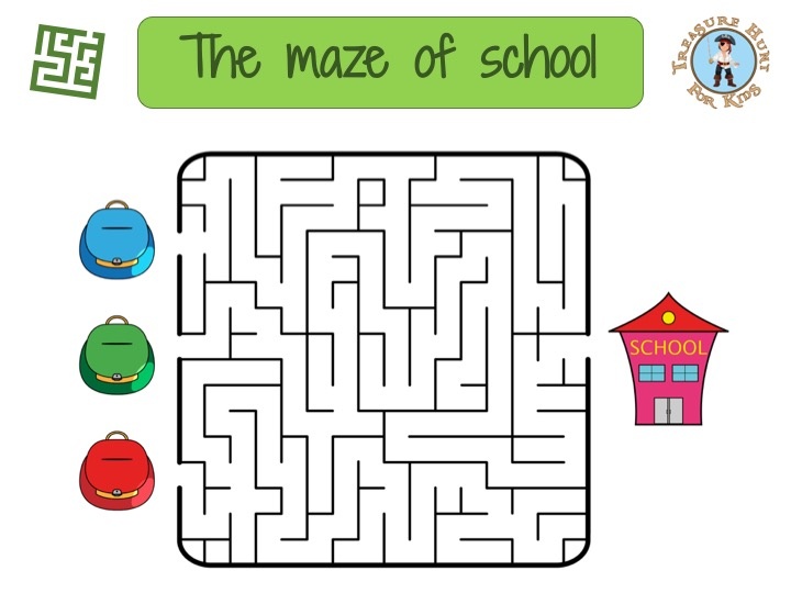 School maze - Free printable game for kids - Treasure hunt 4 Kids