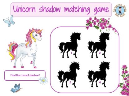 Unicorn shadow matching game to print for kids
