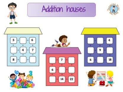 Educational game of addition houses for kids to print