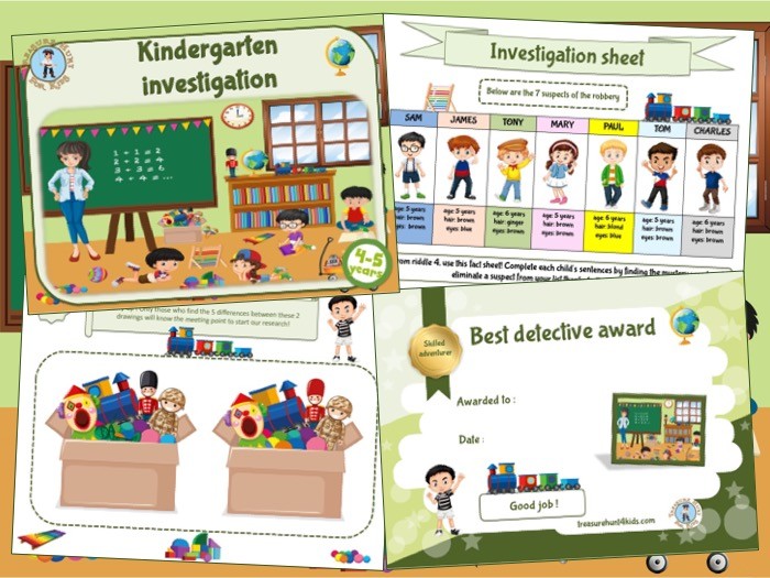 Print and play detective mystery at the kindergarten for kids aged 4-5 years