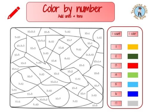 Printable math worksheet : add units and tens color by number