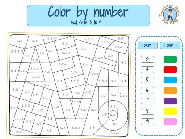 Addition color by number worksheet - First grade - Treasure hunt 4 Kids
