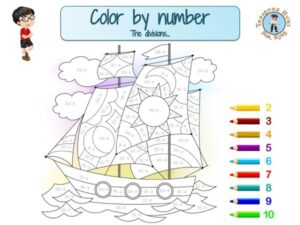Division color by number - math worksheet - Treasure hunt 4 Kids
