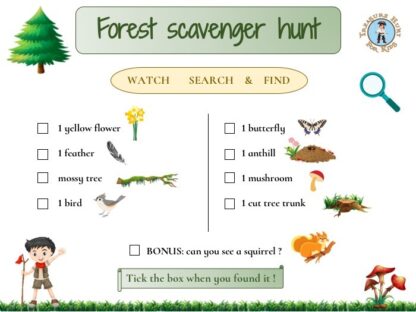 Forest scavenger hunt to print for kids