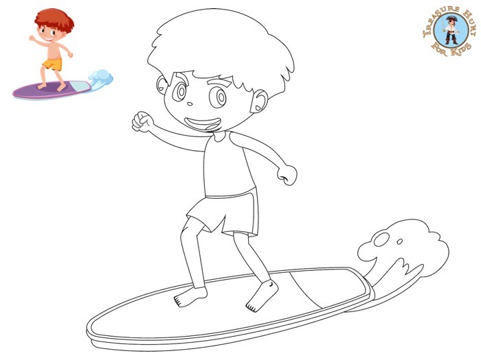 Kid surfing coloring page