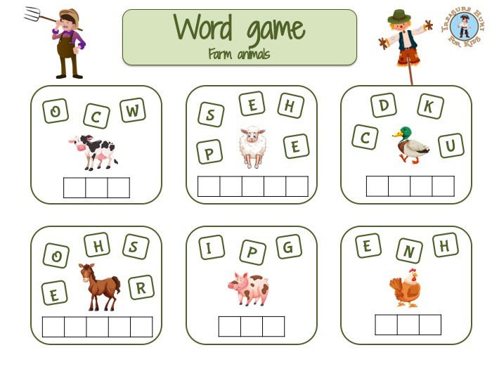 Farm animals word game - Put the letters in order - Treasure hunt 4 Kids