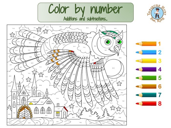 Math color by number - additions & subtractions - Treasure hunt 4 Kids