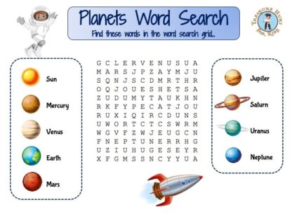 Planets word search puzzle for kids to print