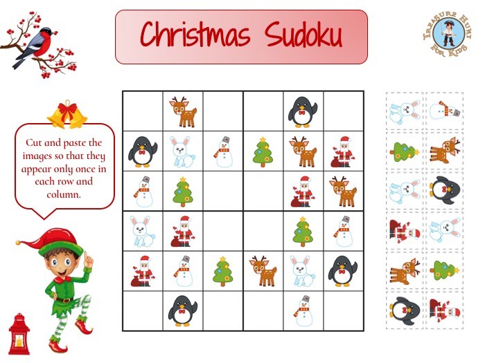 Christmas sudoku Treasure hunt 4 Kids printable free game