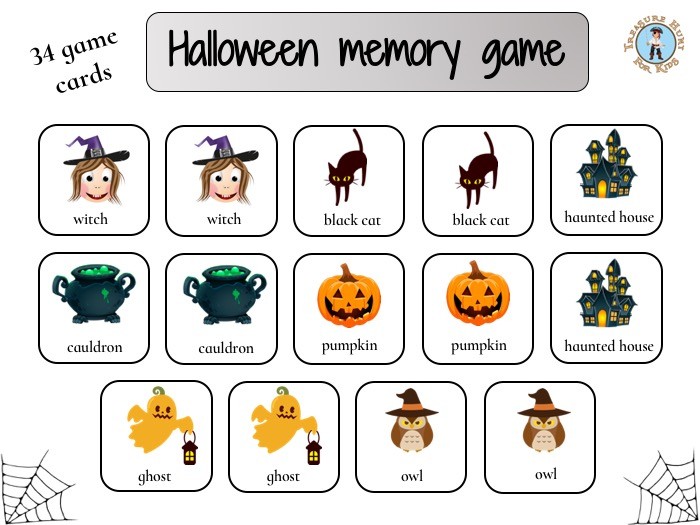 Halloween matching memory game Free printable Treasure hunt 4 Kids