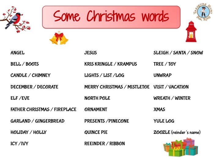 A to Z Christmas words - Xmas vocabulary - Treasure hunt 4 Kids