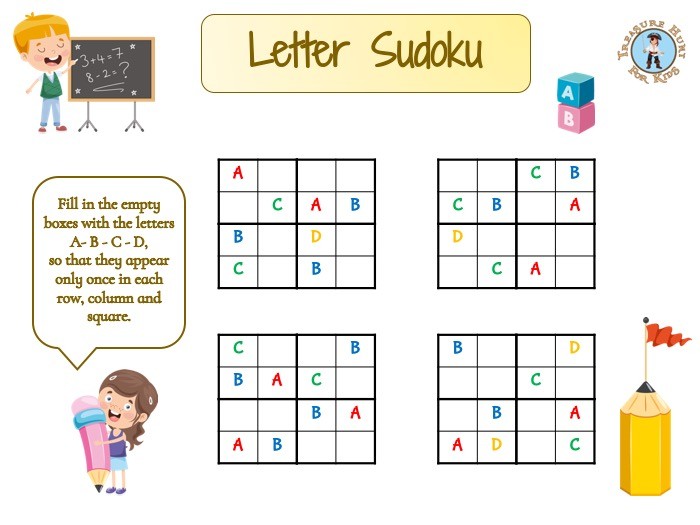 Free Printable Letter Sudoku for Kids - 4x4 Easy  Letter games for kids,  Sudoku, Printable activities for kids