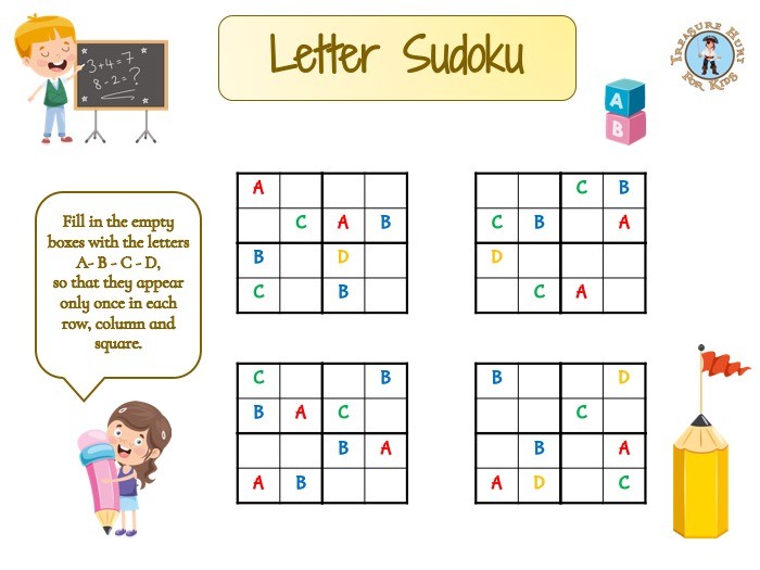 letter sudoku puzzle treasure hunt 4 kids printable free game