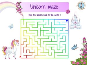 unicorn maze treasure hunt 4 kids free printable game for kids