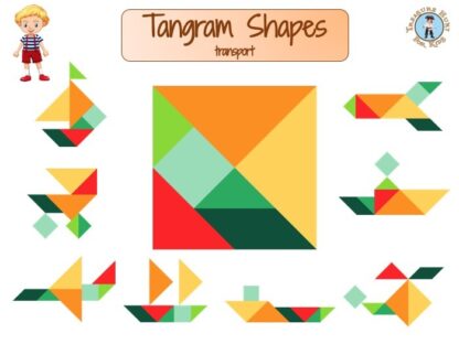 Tangram shapes for kids, transport-themed
