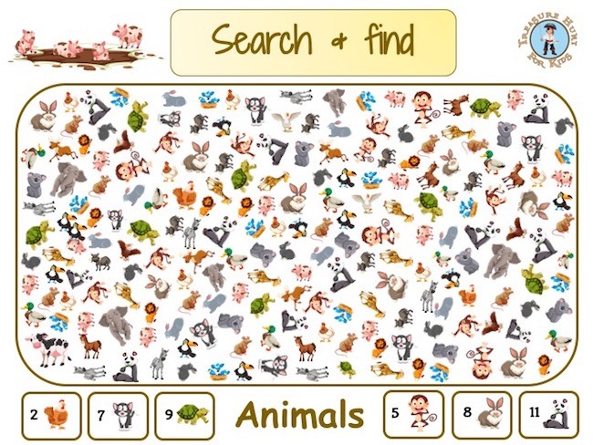 Animals search and find - Treasure hunt 4 Kids - Printable activity