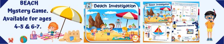Kids detective mystery game at the beach to print