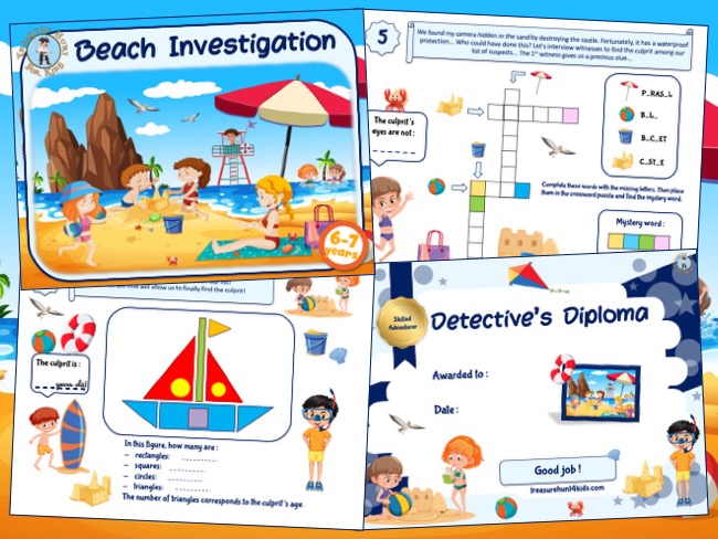 Beach investigation game for kids aged 6-7 years