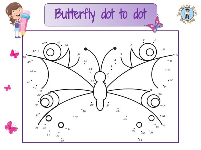 Butterfly Dot To Dot Treasure Hunt 4 Kids Printable Game