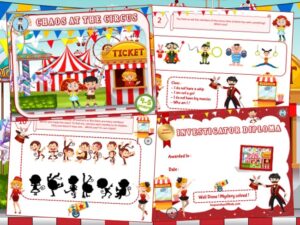 Circus-themed investigation party game for kids aged 4-5 years