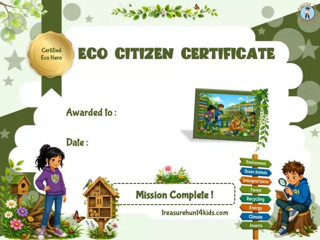 Printable Eco-Citizen Certificate awarded after completing the Eco Heroes Academy missions