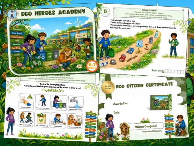 Preview of Eco Heroes Academy printable PDF game for ages 6-7