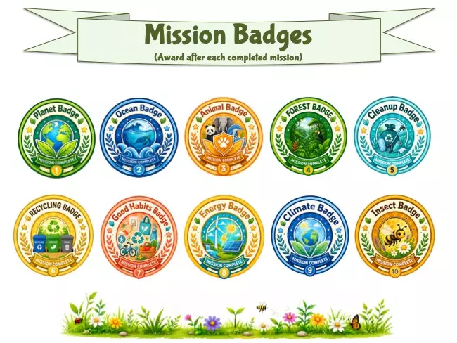 Printable Mission Badges for Eco Heroes Academy with planet, ocean, animals, forest, recycling, energy, climate, and insect badges.