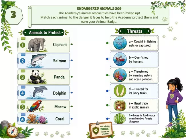 Printable endangered animals mission from the Eco Heroes Academy environmental game