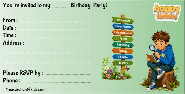 Ecology birthday party invitation for kids to print