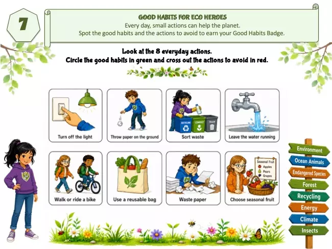 Good eco habits printable game for kids ages 6-7 with everyday actions