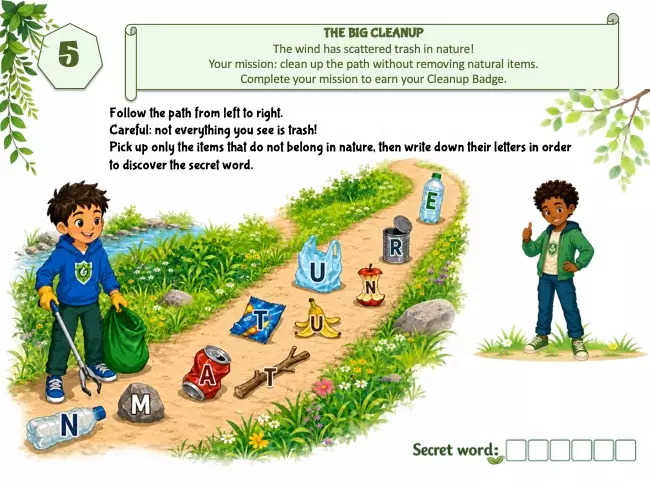 Printable eco cleanup activity for kids ages 6-7