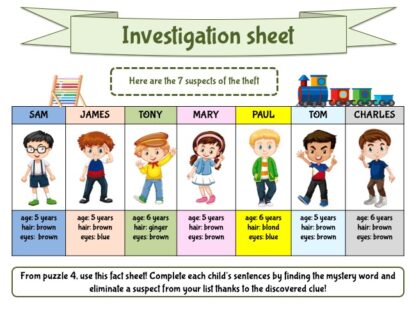 Investigation sheet for kindergarten mystery game