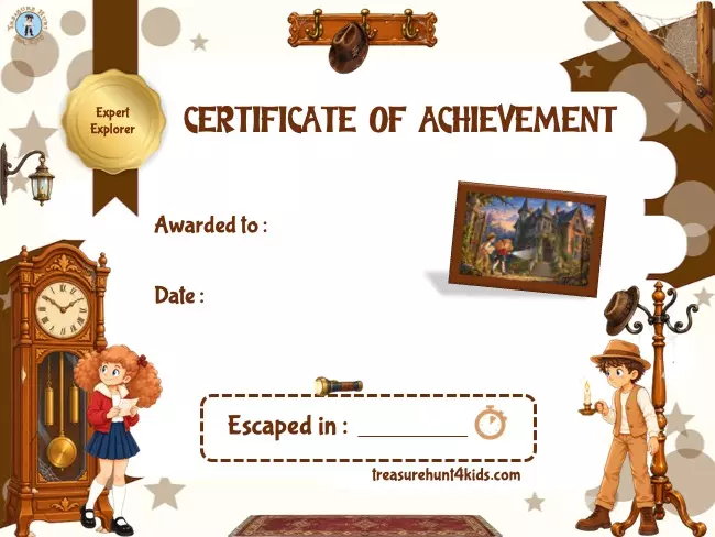 Mansion escape room achievement certificate ages 8-9