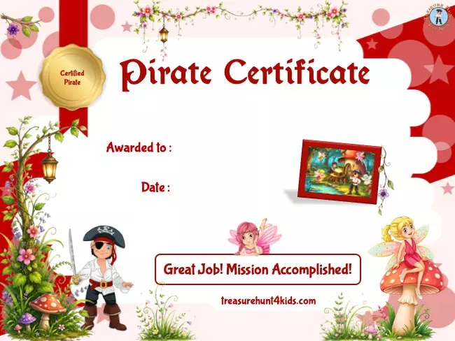 Printable Pirate Certificate included in the Pirates and Fairies Treasure Hunt