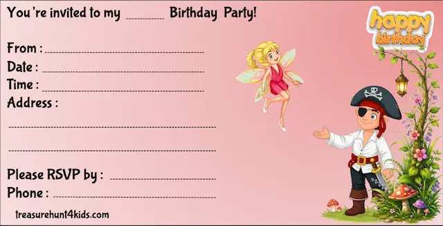 Pirates and fairies birthday party invitations for treasure hunt game
