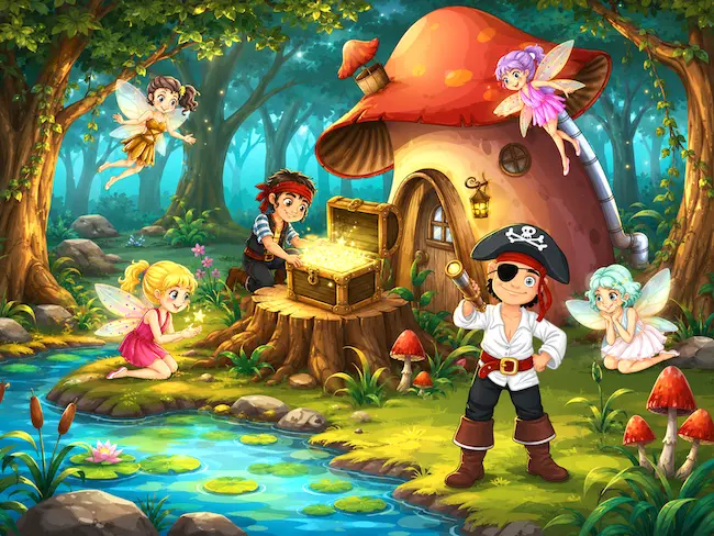 Pirates and Fairies Treasure Hunt printable game for kids ages 6-7