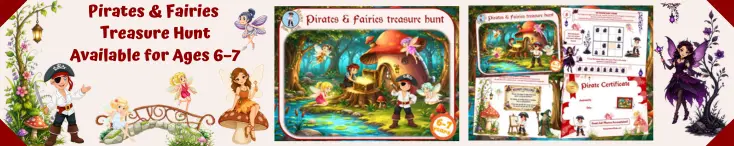 Pirates and fairies treasure hunt game for kids aged 6-7 years