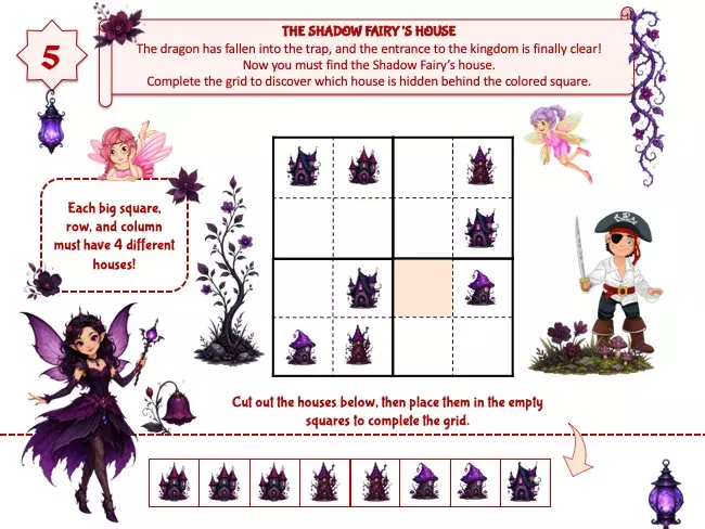 Grid puzzle from the Pirates and Fairies Treasure Hunt for kids ages 6-7