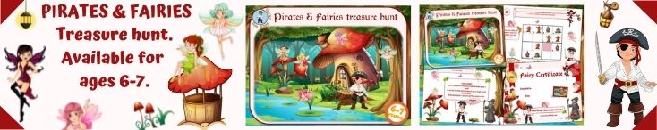 Pirates and fairies treasure hunt game for kids aged 6-7 years