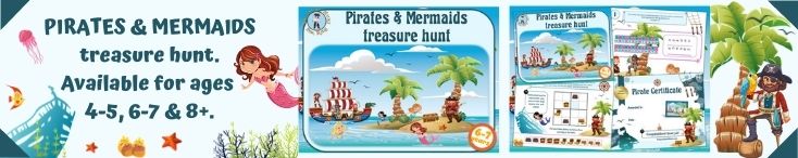Pirates and mermaids treasure hunt game for kids aged 6-7 years