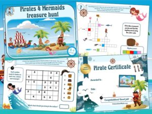 Print and play game kit of treausure hunt, pirates and mermaids-themed