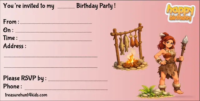 Printable birthday party invitation for kids, Prehistory-themed