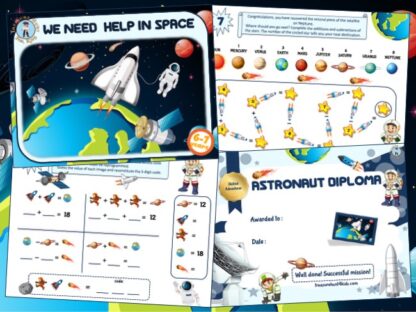 Printable adventure game in space for kids aged 6-7 years