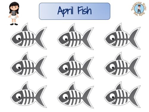 French April fish to print: tape paper fishes to each other's backs