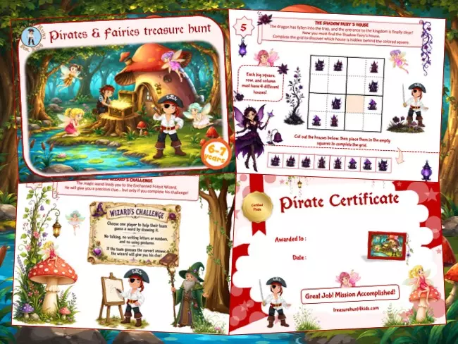 Printable Pirates and Fairies Treasure Hunt kit with puzzles, challenges, and certificates