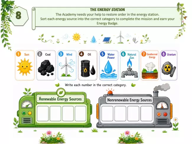 Renewable and nonrenewable energy sorting mission for kids ages 8 to 9