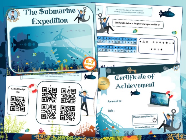 Print and play submarine escape room party game for kids aged 6-7 years