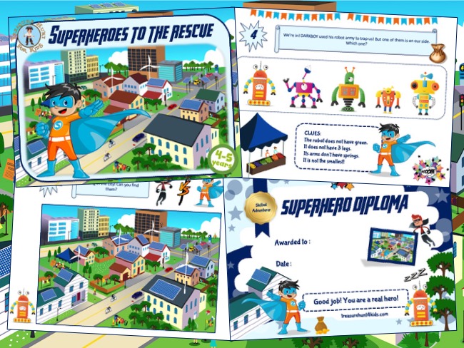 Superhero treasure hunt game for kids aged 4-5 years.