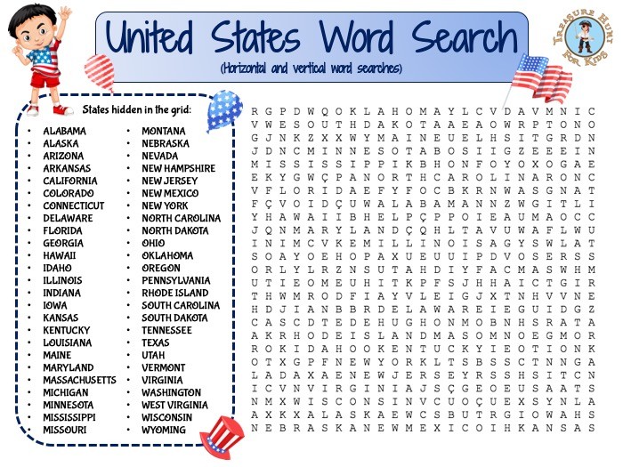 United States Word Search Puzzle FREE Game Treasure Hunt 4 Kids
