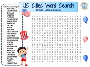 US Cities Word Search - Free Printable PDF Puzzle - Treasure hunt 4 Kids